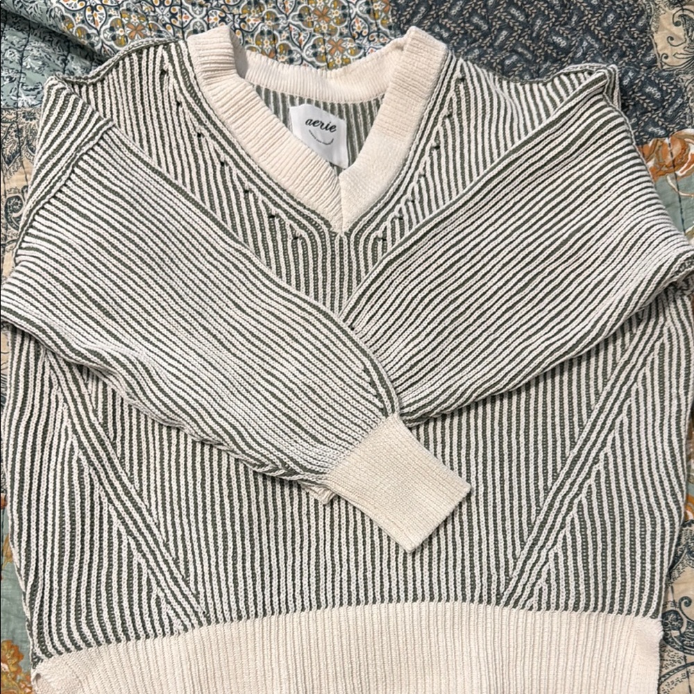 Aerie Olive and Cream Striped Knit Sweater